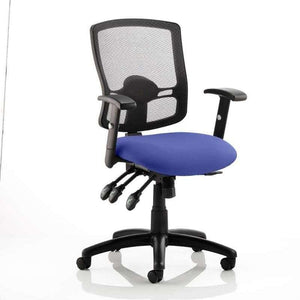 Picture showing the stevia blue coloured fabric seat cushion ,with black meshed backrest of the portland home office chair.