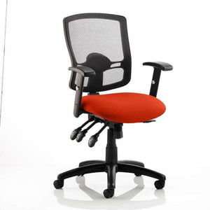 Picture of the Tabasco orange coloured padded cushioned seat , of the portland iii operator home office chair, with black meshed contoured backrest with triple lever , and 5 star base , with  black castor wheels,