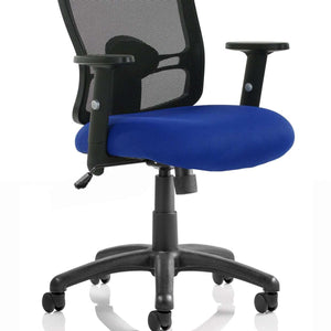 Picture of the stevia blue coloured fabric upholsterd seat cushion with black contoured moulded backrest of the porland operator home office chair.