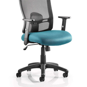 Picture of the Maringa Teal upholsterd fabric cushion seat with black moulded mesh backrest of the portland operator home office chair.