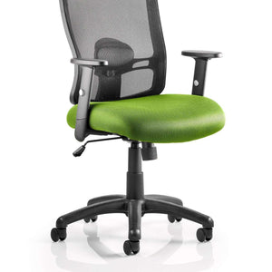 Picture of the Maringa green coloured upholstered fabric cushioned seat with black moulded contoured mesh backrest , of the portland operator home office chair.