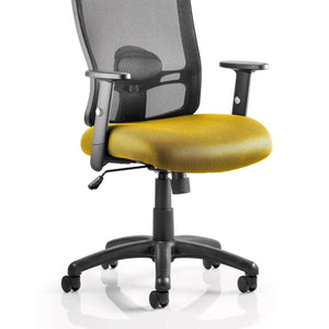 Picture of the senna yellow fabric cushioned seat of the portland operator home office chair with air mesh backrest.