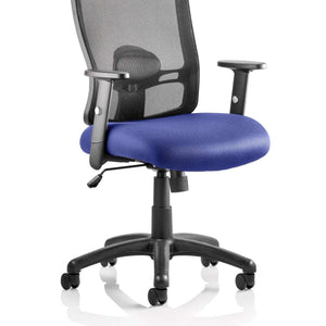 Picture of the stevia blue upholstered fabric seat with air meshed backrest in black .