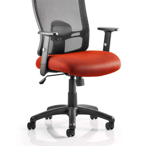 Showing picture of the tabasco orange upholstered cushioned seat in fabric with the black air mesh backrest. with 5 star base and black castor wheels.