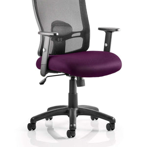 Picture of the Tansy Purple coloured upholstered fabric seat cushion , with the black air mesh backrest. and `5 star base with black castor wheels