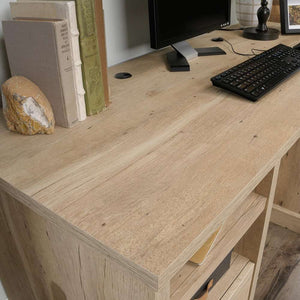 prime oak executive home office desk. close up of prime oak effect finish desk. with a 1 inch thick desk top.