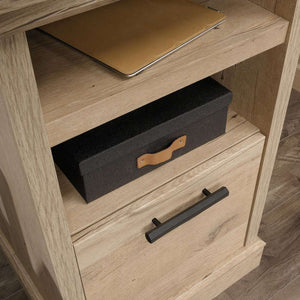 prime oak executive home office desk.close up of  drawer and small shelf.