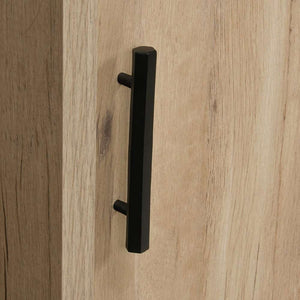 prime oak executive home office desk. close up of drawer handle.