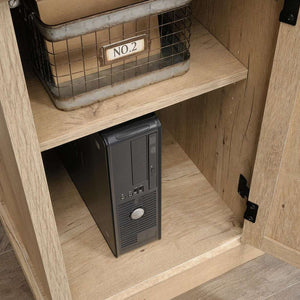 prime oak executive home office desk. close up of the in side of the cupboard and shelf.