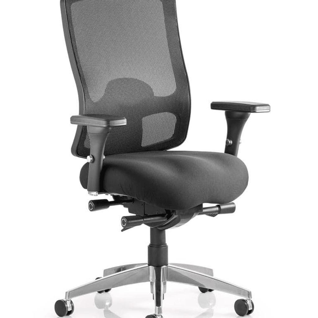 Showing side view of the regent operator home office chair ,with mesh high back and padded armrests , with soft foam cushioned seat with chrome 5 star base.