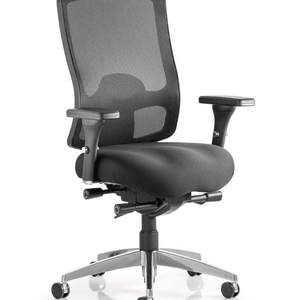 Showing side view of the regent operator home office chair ,with mesh high back and padded armrests , with soft foam cushioned seat with chrome 5 star base.