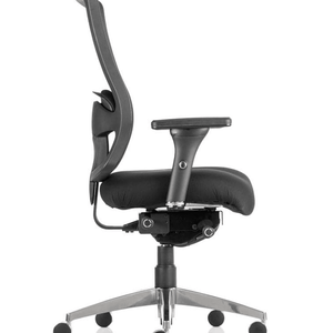 Picture showing the contoured backrest and soft padded armrests, with Luxurious cold core foam seat cushion with Aluminium chrome 5 star base. with black wheels