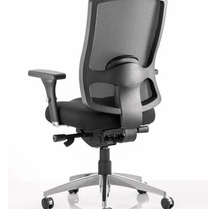 Picture of side angle of the regent operator chair in black  fabric cushioned seat  with soft padded armrests and aluminium chrome  5 star base. with black wheels.