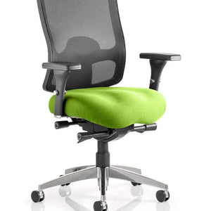 Picture of the Myrrh green coloured fabric foam seat  with air mesh backrest and aluminium 5 star base with castor wheels.