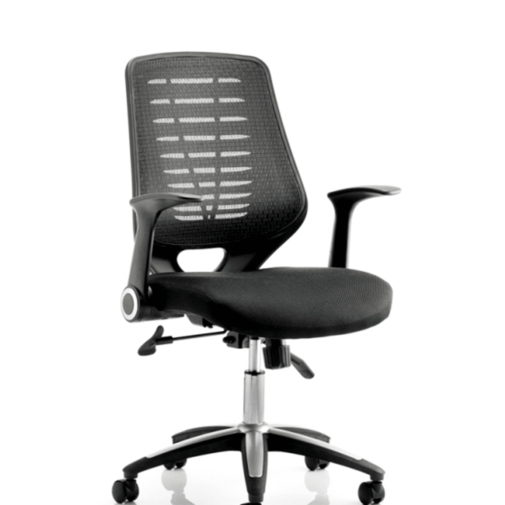 Picture of the relay operator home office chair with contoured  mesh backrest with foldable armrests , with black with soft boned leather seat with silver acent styling on the 5 star base.  padded cushioned seat .