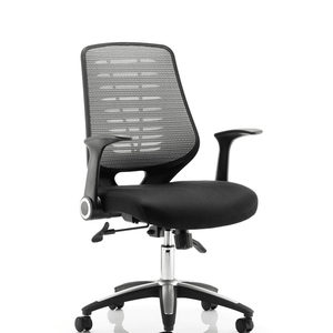 Picture of the relay operator home office chair in black fabric cushioned seat , with adjustable armrests and 5 star base.