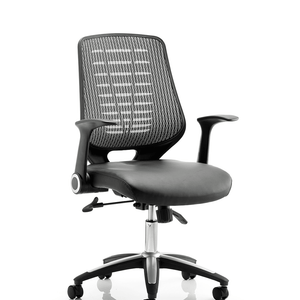 Picture of the relay operator home office chaie , with contoured mesh backrest with adjustable armrests, and chrome ascent 5 star base with castor wheels.