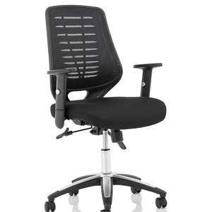 Showing the black meshed backrest with black cushioned seat pad and 5 star base with castor wheels of the relay task operator home office chair.