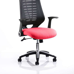 Picture of the relay task operastor chair in black meshed basckrest with tabasco orange colouredseat cushion.