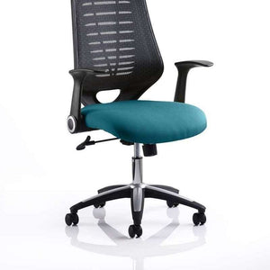 Picture of the tansy teal coloured  upholstered fabric cushion seat of the relay operator home office chair.