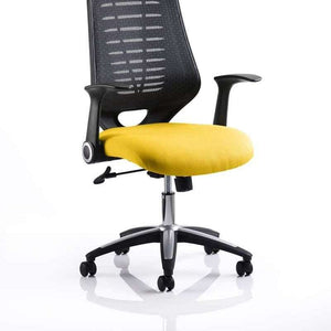 Picture of the Senna Yellow option upholstered fabric cushion seat  with black mesh backrest and chrome ascent 5 star base , with castor wheels.