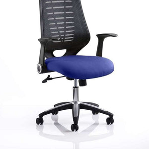 Picture of the Stevia blue coloured fabric option  for cushion seat of the relay operator home office chair, with black mesh backrest and silver ascent 5 star base, with castor wheels.