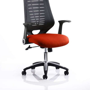 SHow picture of the Tabasco orange coloure fabric cushion seat of the relay operator home office chair , with black mesh contoured backrest.