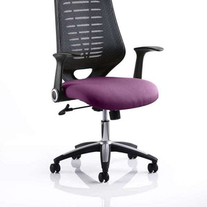 Picture of the Tansy purple coloured fabric seat cushion for the relay operator home office chair , with contoured black  castor wheels.