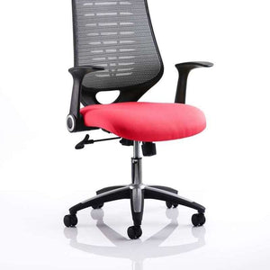 Picture of the Tabasco orange fabric range  cushioned seat , for the relay operator home office chair with contoured mesh backrest , with adjustable armrests, and silver ascent 5 star base , with castor wheels.