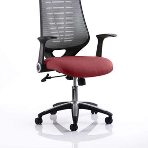 Picture of the Ginseng chilli coloured fabric  seat with contoured black mesh backrest , with adjustable armrests and silver ascent 5 star base , with castor wheels.