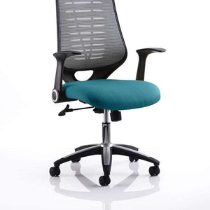 Picture of the Maringa Teal coloured fabric  seat cushion , with black mesh contoured backrest , with adjustable armrests and silver ascent 5 star base , with castor wheels.