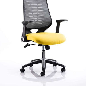 Pictur of the senna yellow coloured fabric cushion of the relay operator hom,e office chair , with contoured mesh backrest , adjustable armrests and silver ascent 5 star base , with cator wheels.