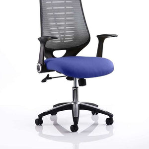 picture of the stevia blue coloured fabric seat cushion of the relay operator home office chair.with contoured mesh backrest in black , with silver ascent 5 star base , with castor wheels.