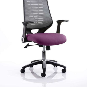 Picture of the tansy purple coloured fabric cushioned seat and black meshed backrest of the relay task operator home office chair.