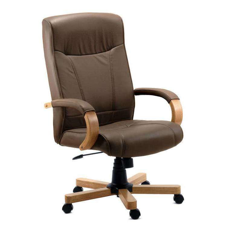 Richmond Brown Bonded Leather Executive Home Office Chair. 45 degree angle. Light oak arms and 5 star base. 