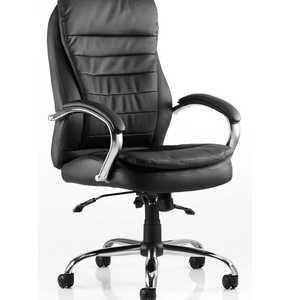 Close up side view of the Roicky Executive home office  chair in black leather with sculpted padded backrest and cushioned seat  with padded chrome armrests and chrome 5 star base , with black castor wheels.