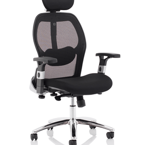 Side view of the sanderson ii mesh back home office chair with contoured backrest chrome 5 star base with castor wheels.