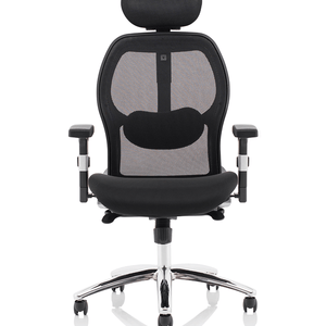 Showing you the sanderson ii contoured mesh back home office chair with adjustable armrests and chrome 5 star base with castor wheels in black cushion fabric seat.