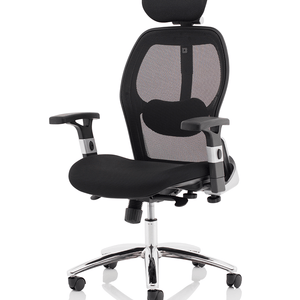 Side view of the sanderson ii mesh basck home office chair with contoured  bcakrest contoured mesh black fabric seat cushion . with chrome 5 star base , with castor wheels.