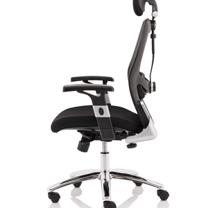 Side right angle view of the sanderson ii contoured mesh back home office chair with adjustable armrests and contoured air mesh black fabric cushioned seat , with chrome 5 star base , with castor wheels.