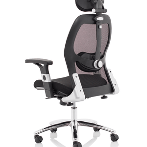 Side back view of the contoure backrest with contoured air mesh black fabric cushioned seat , with chrome 5 star base , with castor wheels.