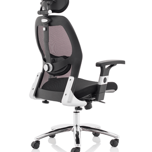 Left side view of the sanderson ii contoured mesh backrest with air mesh contoured black fabric cushion seat , with chrome 5 star base , with castor wheels.