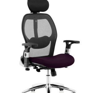 Picture of the Tansy Purple coloured fabric cushion seat  , with contoure mesh backrest and chrome 5 star base , with castor wheels.