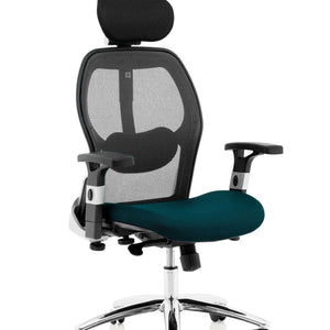 Showing the Maringa teal coloured fabric seat cushion on the sanderson ii mesh back home office chair 