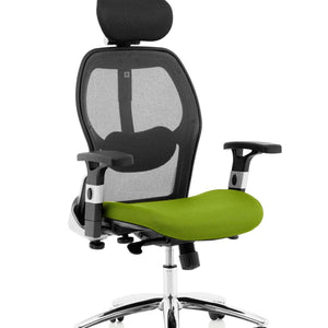 Picture of the Myrrh green coloured fabric seat cushion  , with black mesh back and chrome 5 star base , with castor wheels on the sanderson ii home office chair.