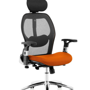 Picture of the Tabasco orange colured fabric seat cushion on the sanderson ii mesh back home office chair.