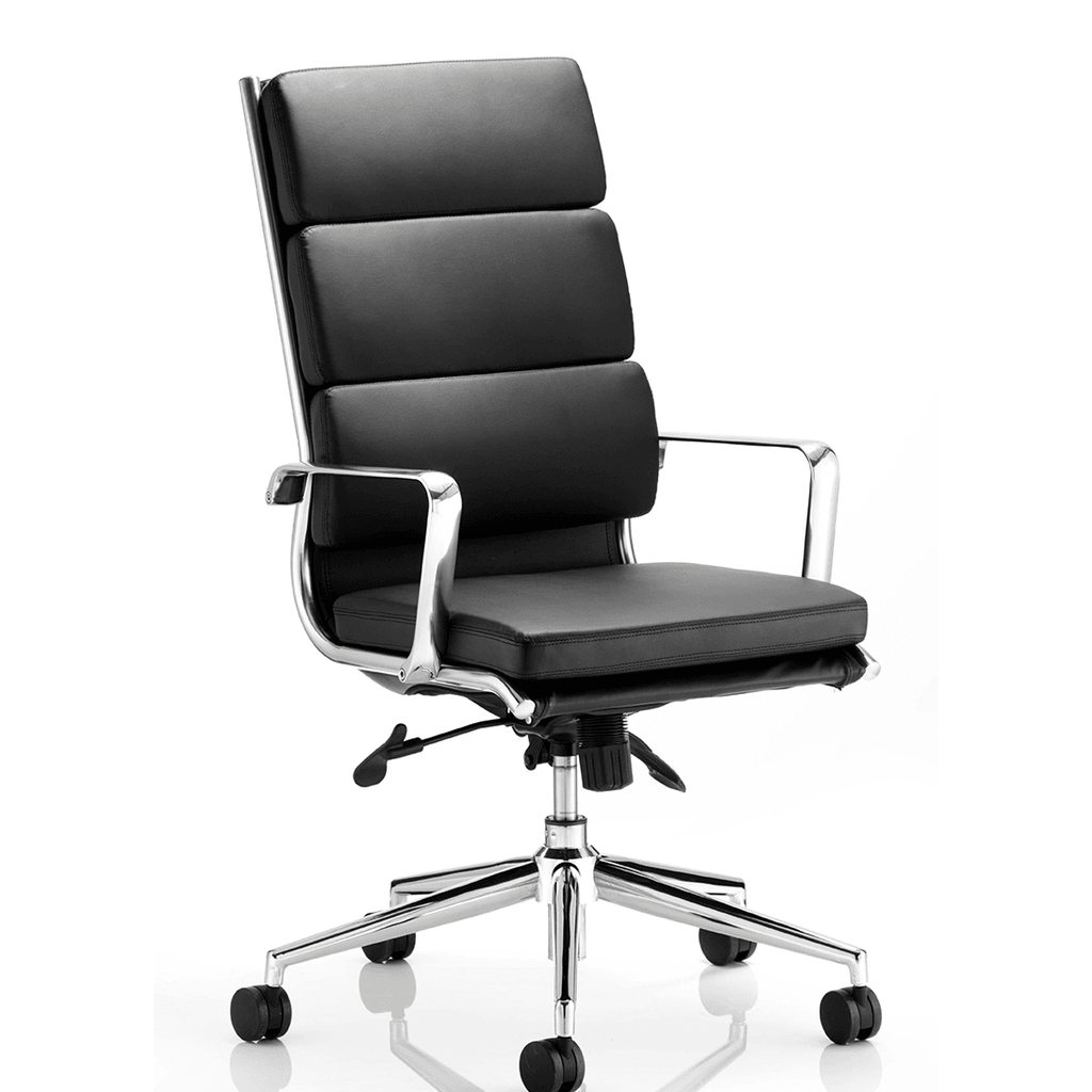 Close up of the deeply cushioned seat and backrest in soft bonded leather and matching chrome and 5 star base , with castor wheels. and aluminium armrests, 