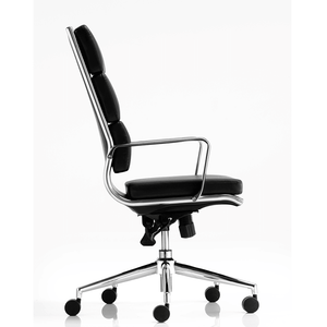 Side view of the savoy executive home office chair  in black  leather with matching chrome frame and 5 star base , with black castor wheels.