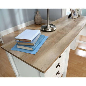 shaker style l shaped home office desk. close up and side view,  of lintel oak accent desk top.