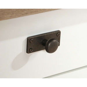 shaker style l shaped home office desk, close up of drawer handle.